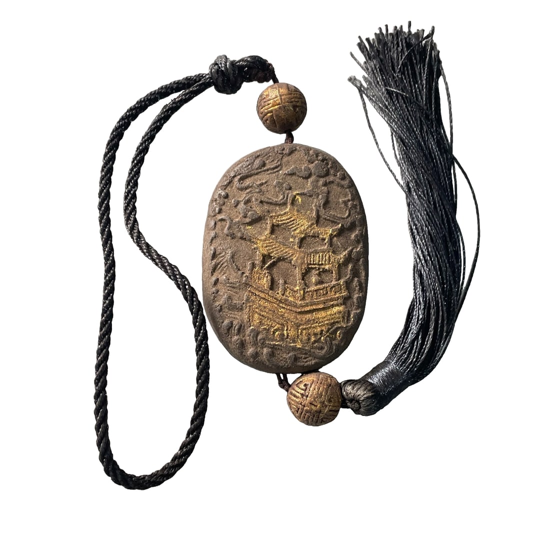 Old agarwood painted and gold-plated double-sided carved plaque.: Antique Tibetan: Old agarwood double-sided carved and painted gold-plated plaqueSpecifications: 6.7cm in height, 4.5cm in width, 1cm in thickness, weighing 35g