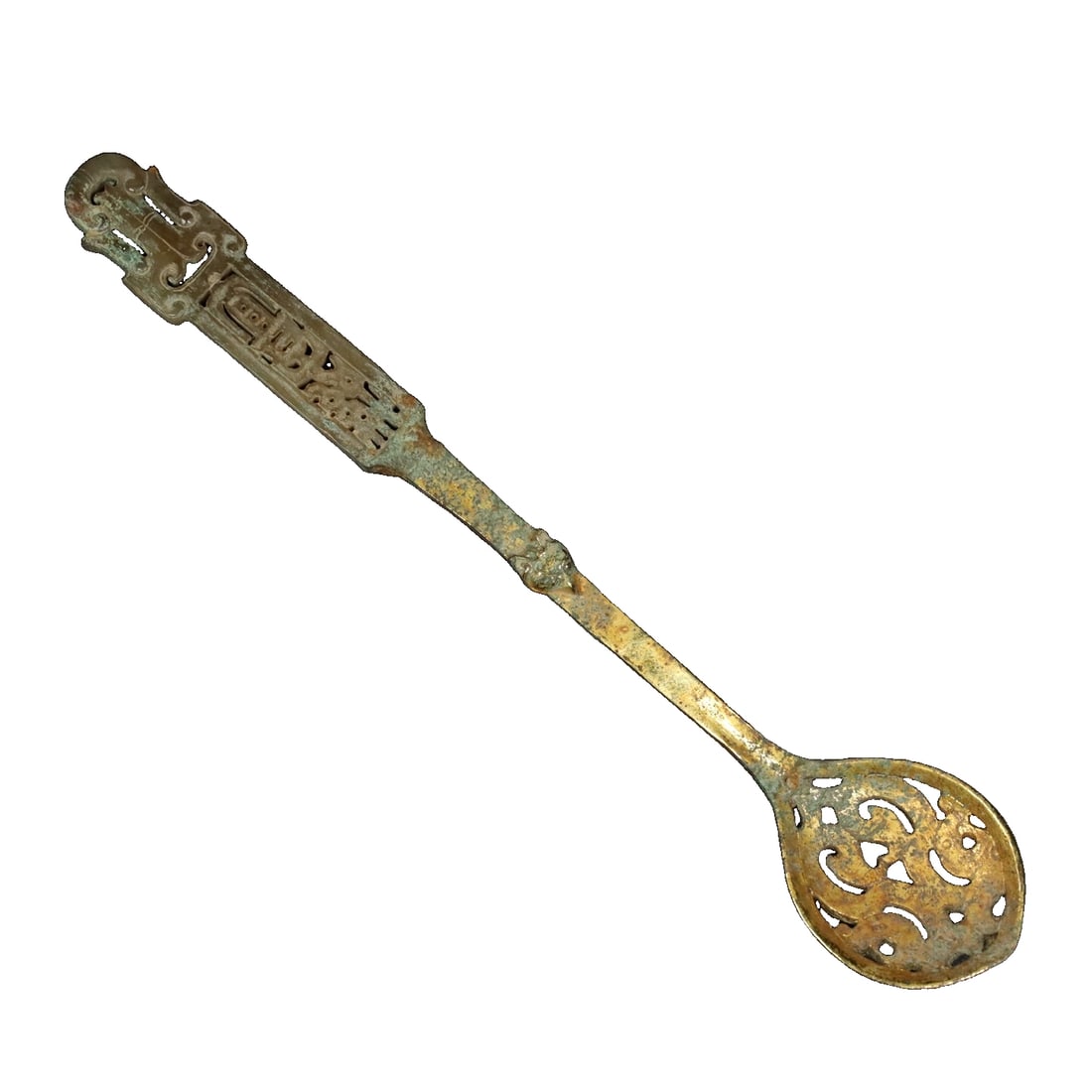 Copper gilt inlaid Hetian jade ladle.: Antique Tibetan gold-plated inlaid Hetian jade ladle, with aged patina, measuring 26.5 cm in length, 2.6 cm in width, 0.7 cm in thickness, and weighing 120 grams.