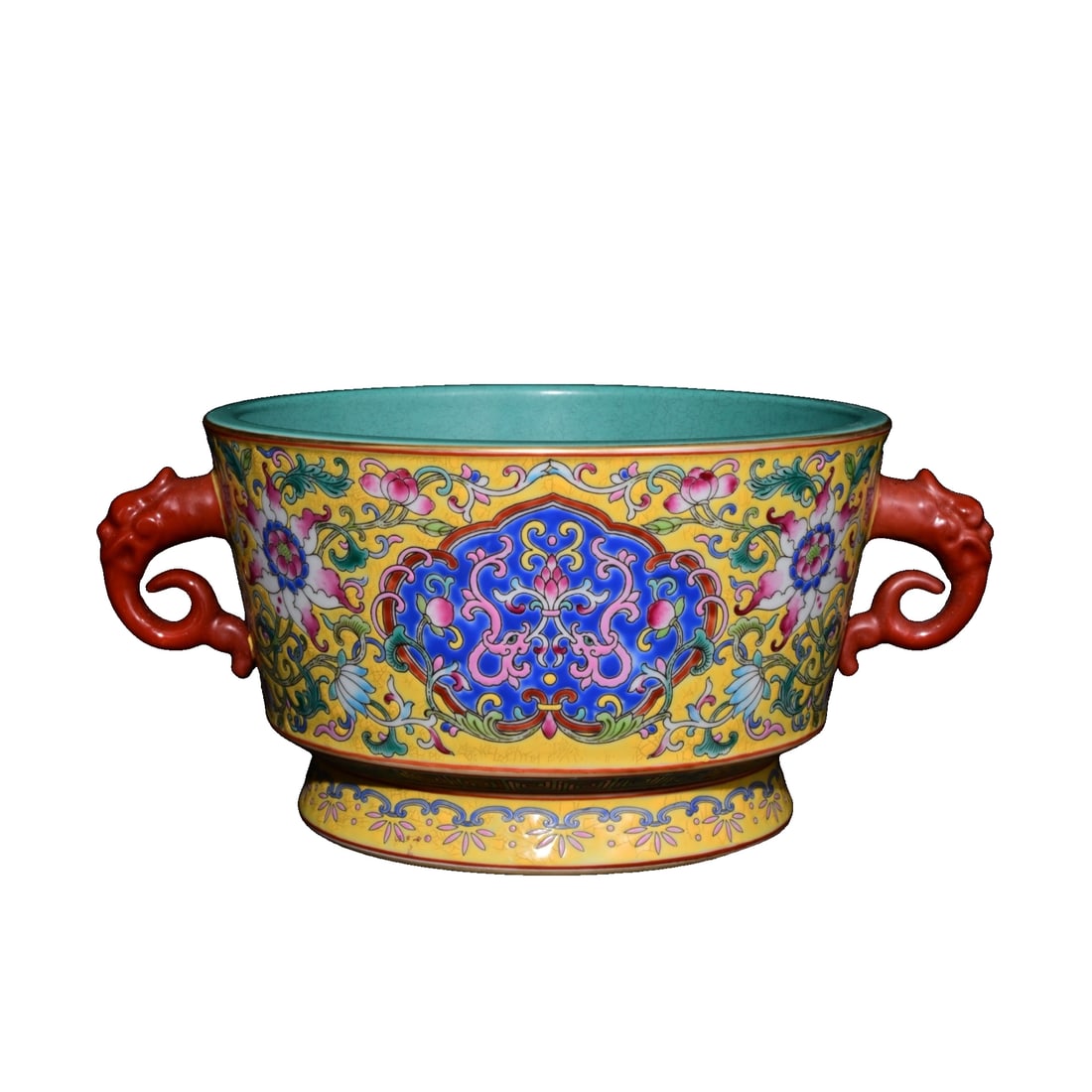 Qing Dynasty Yongzheng period, cloisonnE enamel double-handled incense burner with floral pattern.: This furnace is a Qianlong period cloisonnE enamel work, with a round flat shape and two ears, proportionally balanced. The body of the furnace is covered with yellow glaze, with a pure and bright