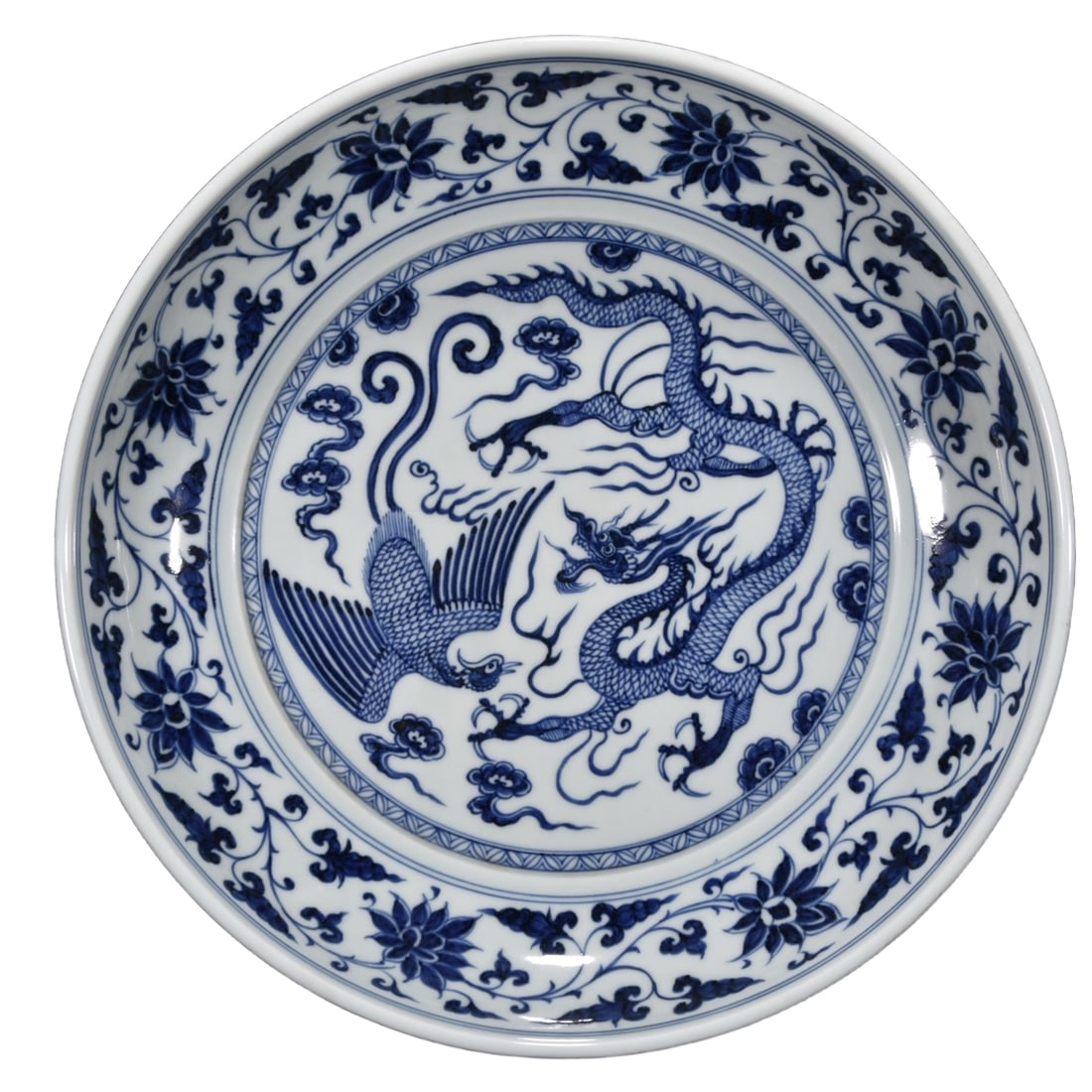 Blue and white porcelain plate with dragon and phoenix design. (1 of 10)