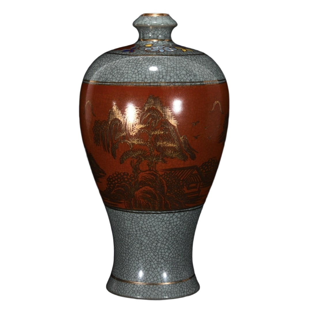 Ru kiln powder enamel and gold painted plum vase from the Song Dynasty.: This is a Song Dynasty Ru kiln famille rose and gilt plum vase, measuring 28.5 cm in height and 15 cm in diameter. The vessel has a simple and elegant shape, with smooth lines outlining the kiln's