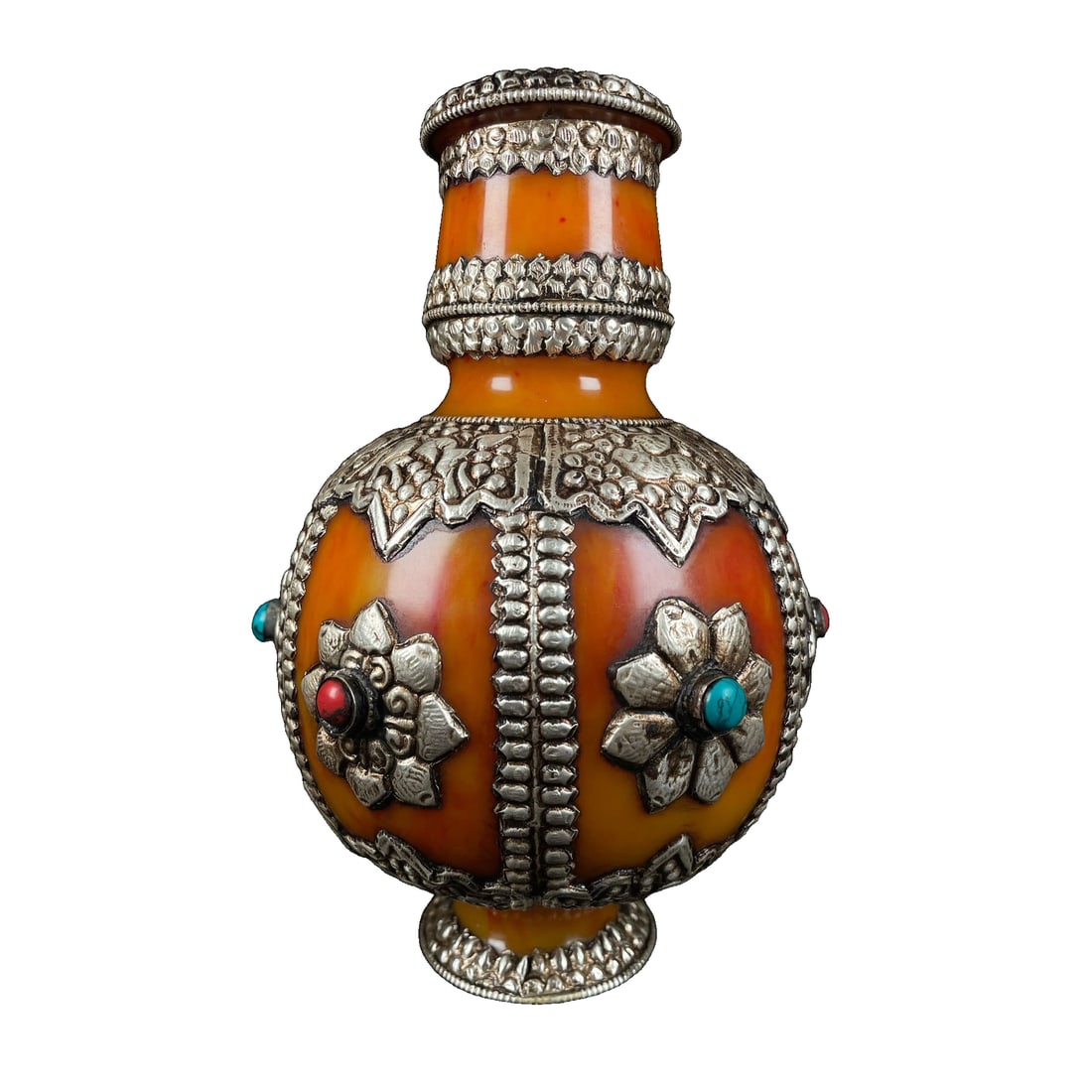 Amber and honey wax hand-inlaid turquoise wrapped silver auspicious eight treasure bottle. (1 of 9)