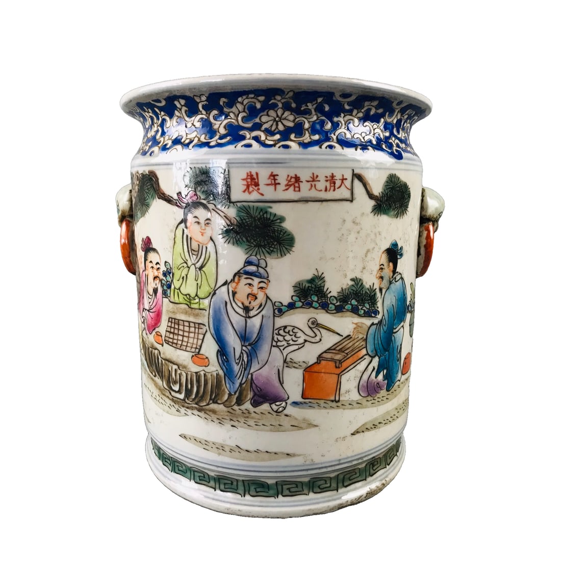 Old Tibet: Famille Rose Figure Scroll Vase: Tibetan Style: Famille Rose Figure Scroll VaseSpecifications: 25 cm in height, 21 cm in diameterDescription: This unique vase features a beast head with pierced ears and a painted story of figures in