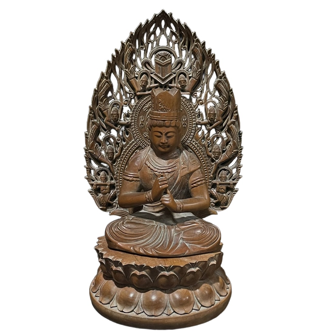 Carved boxwood Guanyin ornament with backlit lotus base: Huangyang wood carving of backlit lotus base Guanyin ornament20cm in height, 12cm in bottom widthUsing superior Huangyang wood as the main material, carving a backlit Buddha, exquisite craftsmanship,