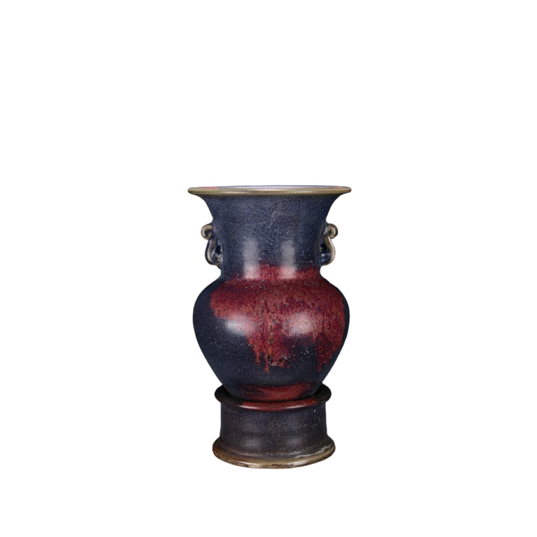 Song Jun kiln blue glaze with red spots double-eared vessel: This Song dynasty Jun ware blue-glazed double-handled vessel features a dignified and elegant design, with a rounded body and a slender neck, symmetrical handles, and smooth lines. The glaze is