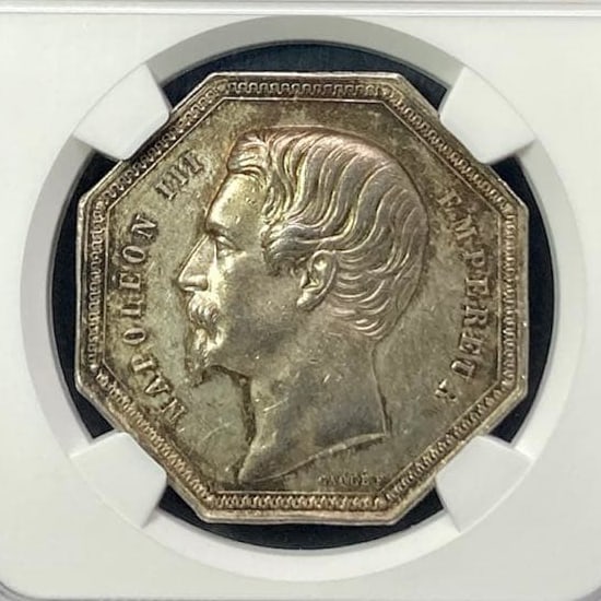 NGC MS62 - 1853 French Napoleon III Jeton Silver Medal: Publication year: 1853Country of issue: FranceType: Commemorative medalMaterial: SilverPurity: Estimated to be 0.950 (standard purity at the time)Weight: Approximately 22.22 gramsDiameter:
