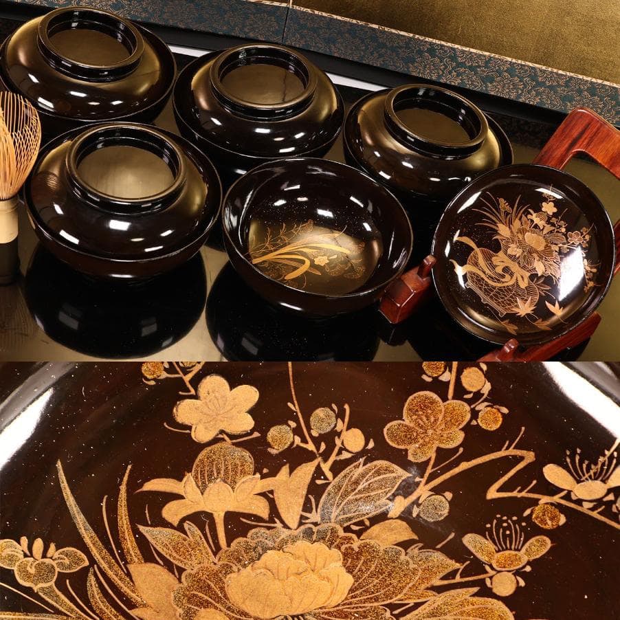 Lacquerware, flower basket pattern, thick bowl, set of five pieces (1 of 13)