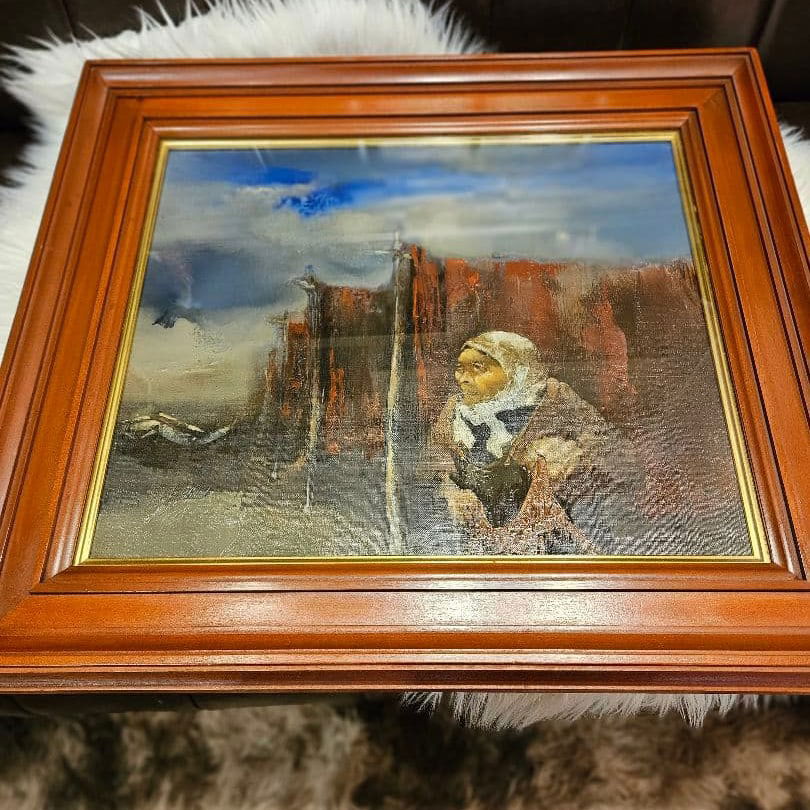 Kudo Kazuo - Drying Net Area, Oil Painting: This is a large, colorful oil painting (size 8) created by Professor Kudo, with the theme of "People Living by the Seaside," which is a common subject in his works. Against the background of reddish-b