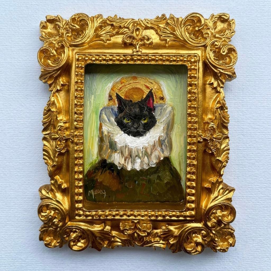Black Cat Statue - Mini Oil Painting Original Hand-painted Artwork: A sacred artwork depicting a black catThis is a unique original art piece, completed using impasto technique (thickly layered paint)The antique gold frame gives it a sacred religious feel.DimensionsIl