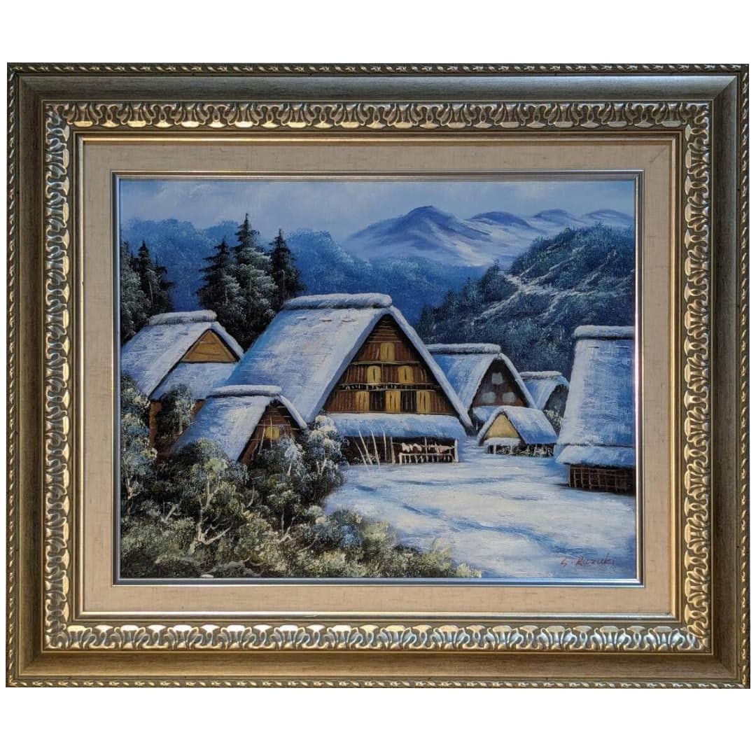 Oil painting on canvas, size 6, snowy landscape.: Oil painting on canvas, size 6, depicting a snowy village scene, capturing the winter landscape with a poetic touch.Frame size: approximately 58 x 49 centimetersArtwork size: approximately 40 x 31 cen