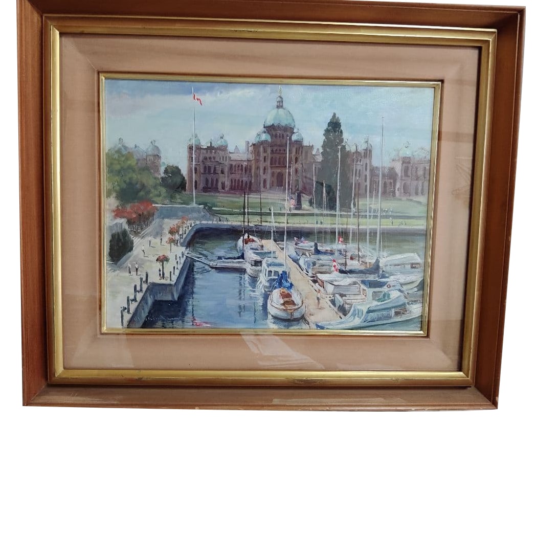 Morihiko Shindo oil painting work: Parliament Building of British Columbia, Canada.: Oil painting by Morihiko Shindo: British Columbia Parliament Building in Canada.A painting depicting a harbor scene, with the Canadian flag waving in the wind.Technique: Oil paintingFrame: Wooden