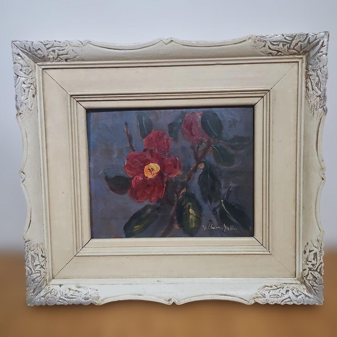 The painting is titled "Winter Mountain Tea" by Qingsi Shangzhi.: This is a small oil painting by Seishitsu Ueno, known as the "Japanese Gauguin".It is a wooden board oil painting.The exact date is unknown, but it is quite old. The frame is original from the same pe