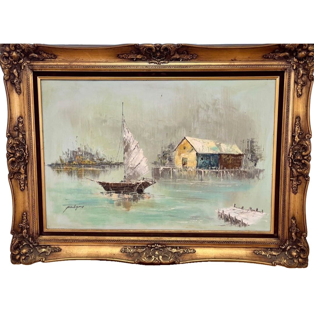 Yacht Port Oil Painting: This oil painting depicting the scenery of an overseas yacht harbor is prominently displayed at the entrance of the hotel, and due to its large size, it has a strong visual impact.The painting is sign