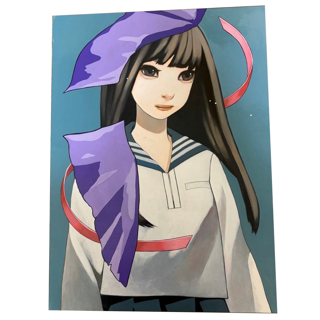 Kana Otsuki's acrylic painting character illustration "The Day of Crossing": Title: "The Day We Crossed Over"Author: Kana OtsukiTechnique: Acrylic paint on Kent paper, mounted on wood panelArtwork dimensions: P8 455mm x 333mmYear of production: 2014, Silk Ribbon