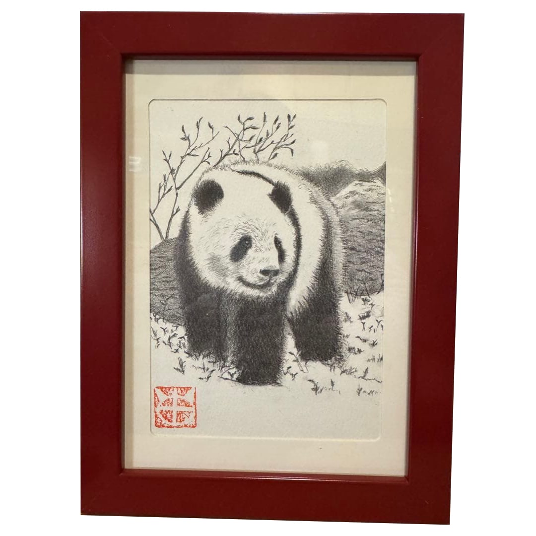 Panda pencil drawing: Panda pencil drawing, red frame, can be hung on the wall, already sprayed with fixative spray.
