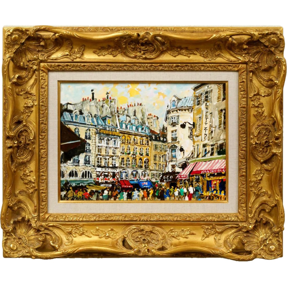 Kohsuke Kotama, the early market by the Seine River (Paris), oil painting: Artist: Kohyoku Yukio, "Morning Market by the Seine (Paris)", oil painting, F4 size. Represented by Nitchi Gallery. Depicts a Parisian street scene. Coloration by Kotake Art. Guaranteed authentic.Prod