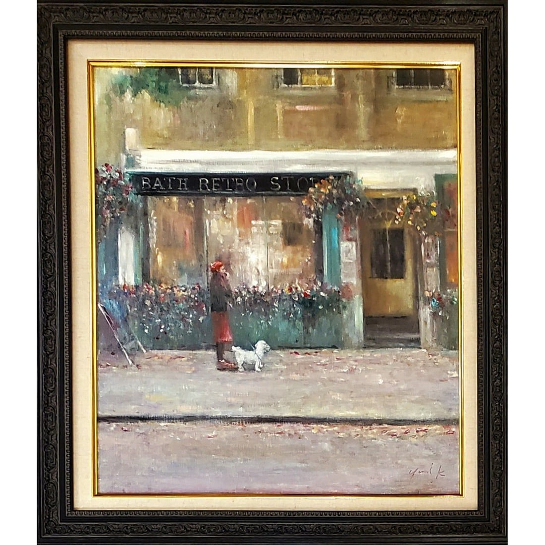 Gift shop, oil painting on canvas, already framed. Artist: Yumi Onoura: This oil painting depicts a street scene in England, created using two-color oil paint. It comes with a high-quality vintage black and gold frame that matches the original style of the artwork. The fr