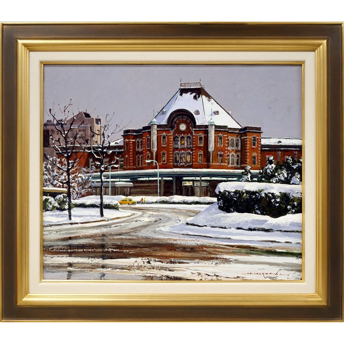 Hiroshi Higuchi, Tokyo Station in the Snow, oil painting: [Author] Hiroshi HiguchiTitle: Tokyo Station in the SnowTechnique: Oil painting on canvasArtwork size: F8 size (37.9 cm in height x 45.5 cm in width)Frame size: 52 cm (height) x 60 cm