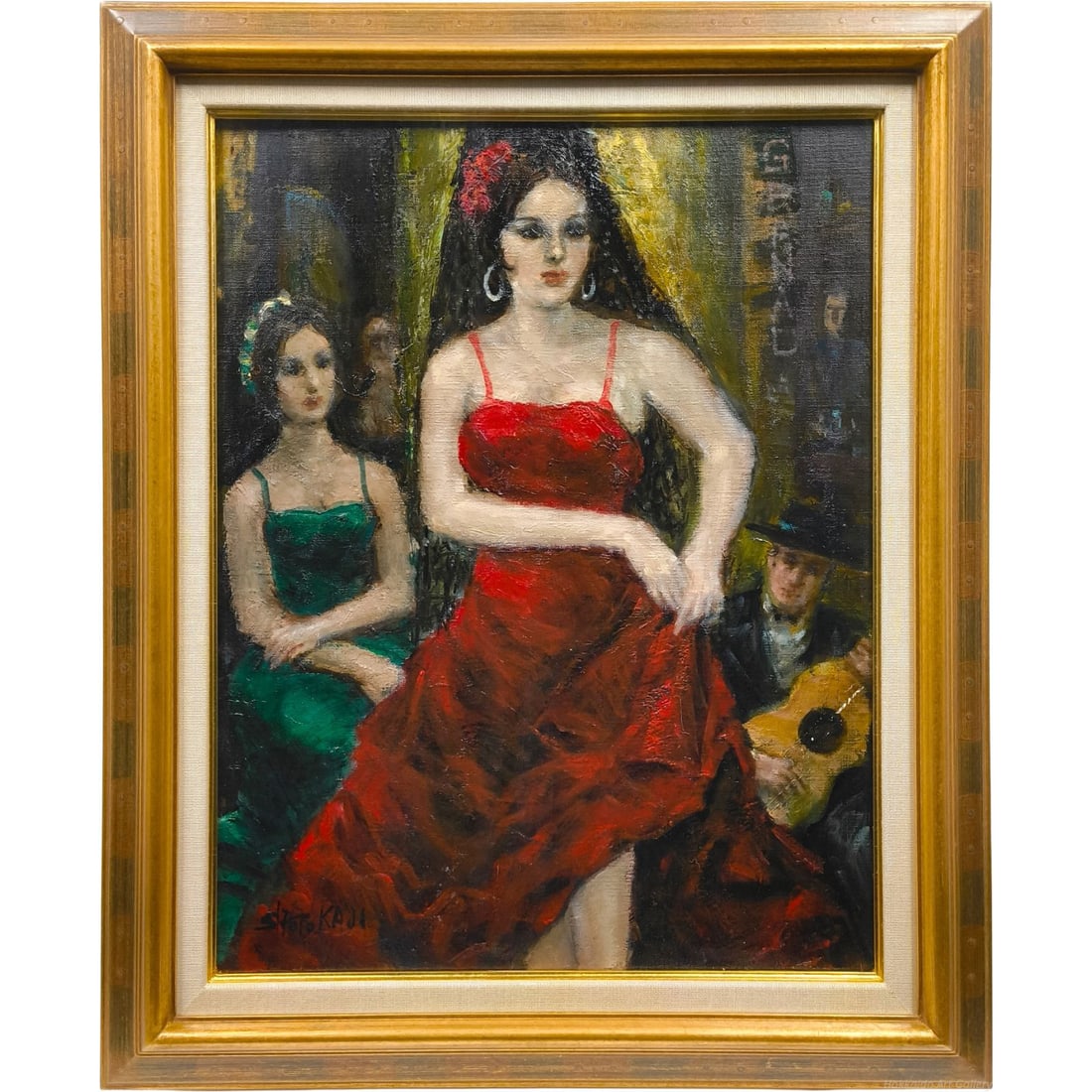 Kaji Shoto - Dancer of Granada, oil painting: A dancer in a red dress vividly showcases the passion of flamenco. Strong brushstrokes and rich colors depict the sound of the guitar and the dynamic movements of the dance.Technique: Oil paintingArtw
