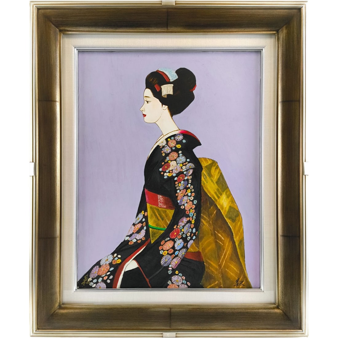 Kawase Jitsuko - Early Spring, oil painting artwork: A woman is dressed in a gorgeous kimono adorned with colorful floral patterns. The traditional beauty of Japan is perfectly blended with an elegant and refined atmosphere, creating a charming and grac