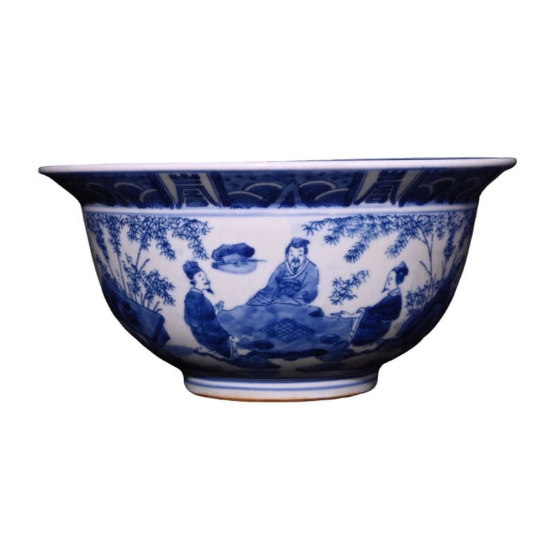 Qing Kangxi period blue and white bowl with figures and story pattern on the rim: Qing Kangxi period blue and white bowl with figures and story patterns, measuring 10×20.6 centimeters in height.