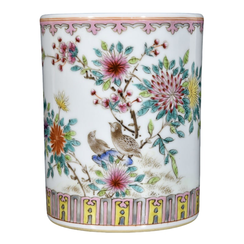 Qianlong period famille rose flower and bird design brush pot (1 of 10)