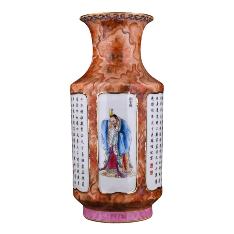 Qianlong enamel painted bottle with human figures and stories: Qianlong period cloisonné vase with Three Kingdoms story inscription, measuring 35x16cm.
