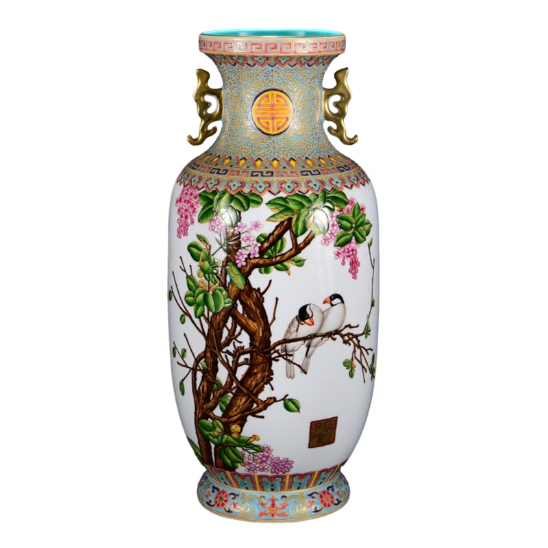 Qing Dynasty Yongzheng Famille-Rose Flower and Bird Double-Ear Vase (1 of 11)
