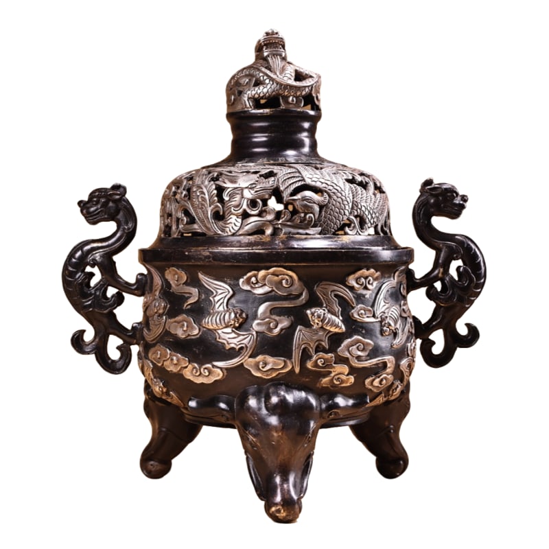 Copper high relief carved silver incense burner. (1 of 11)