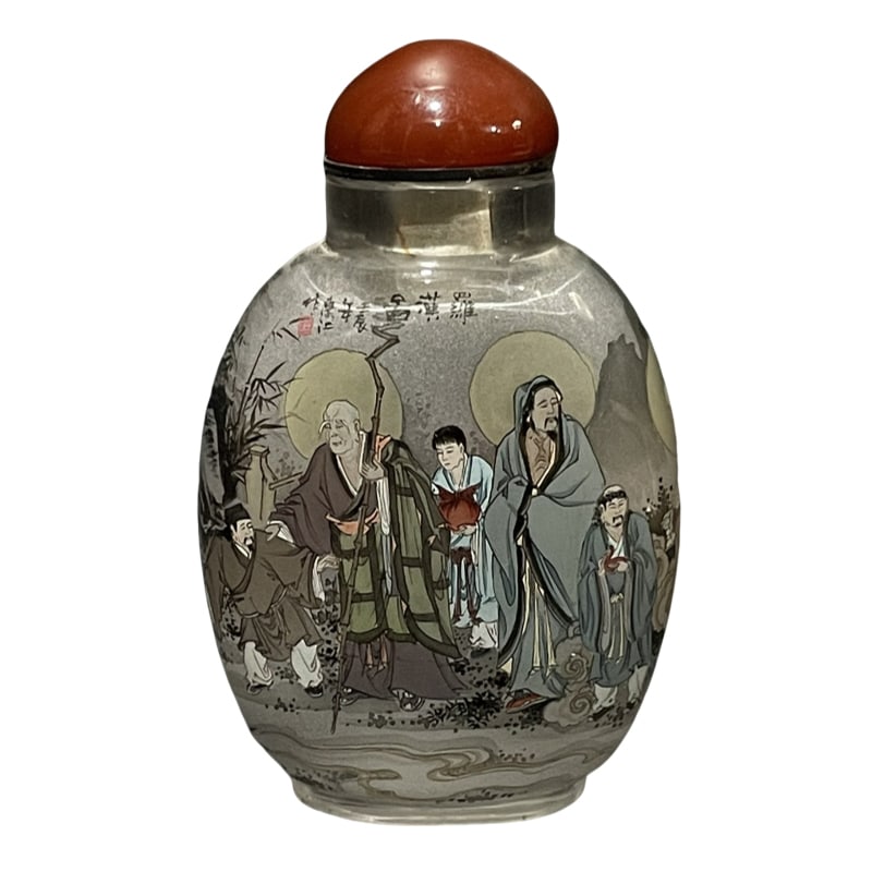 Old glass snuff bottle with inside painted Arhat design. (1 of 10)