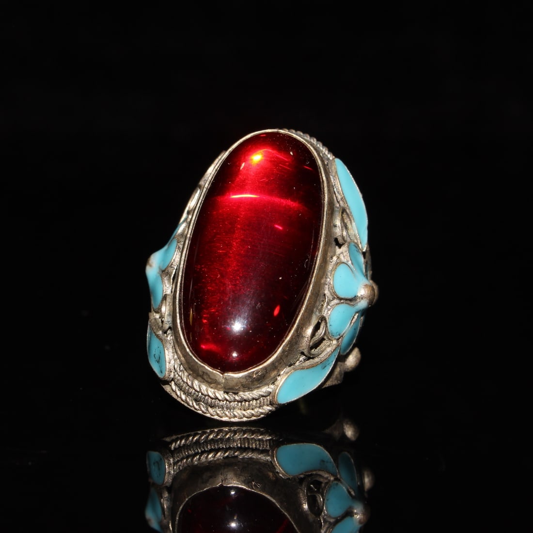 CloisonnE inlaid gemstone rectangular face ring - 4