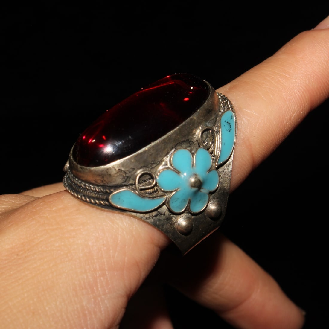 CloisonnE inlaid gemstone rectangular face ring - 7