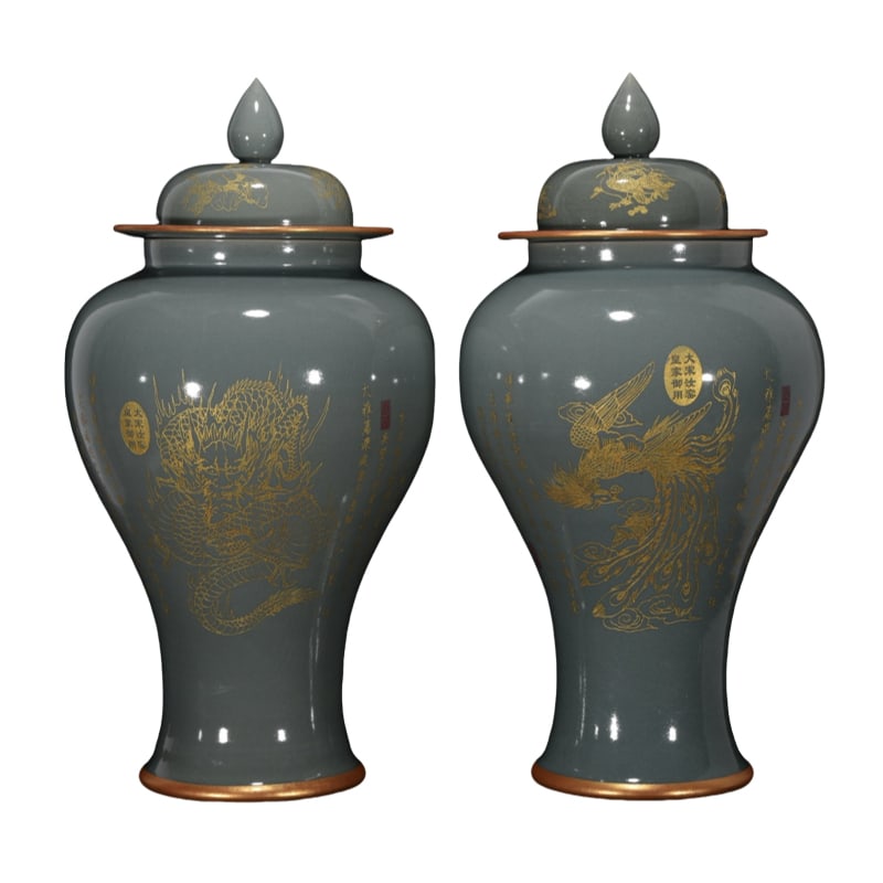 Song Ru kiln sky-blue glaze with inscriptions on the mouth, engraved with gold, depicting dragon and (1 of 17)