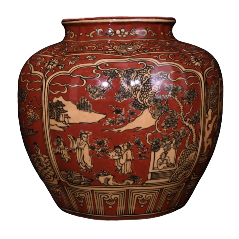 Ming Dynasty Jiajing period red-glazed yellow-enameled melon-shaped jar with human figure story: This "Jiajing Period of the Great Ming Dynasty" melon-shaped jar with red background and yellow glaze depicting figures and stories, measures 23 cm in height and 26 cm in width. The bottle has a typic