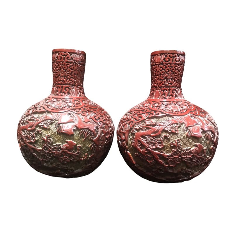 A pair of antique Tibetan carved lacquerware vases with floral and bird motifs. (1 of 9)