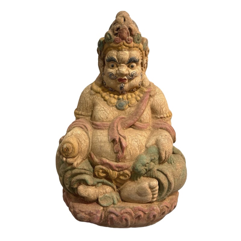 Old Tibetan wooden statue of the God of Wealth ornament: Antique Tibetan wooden God of Wealth statue ornament Dimensions: Height: 23 cm, Width: 15 cm Weight: 425 grams