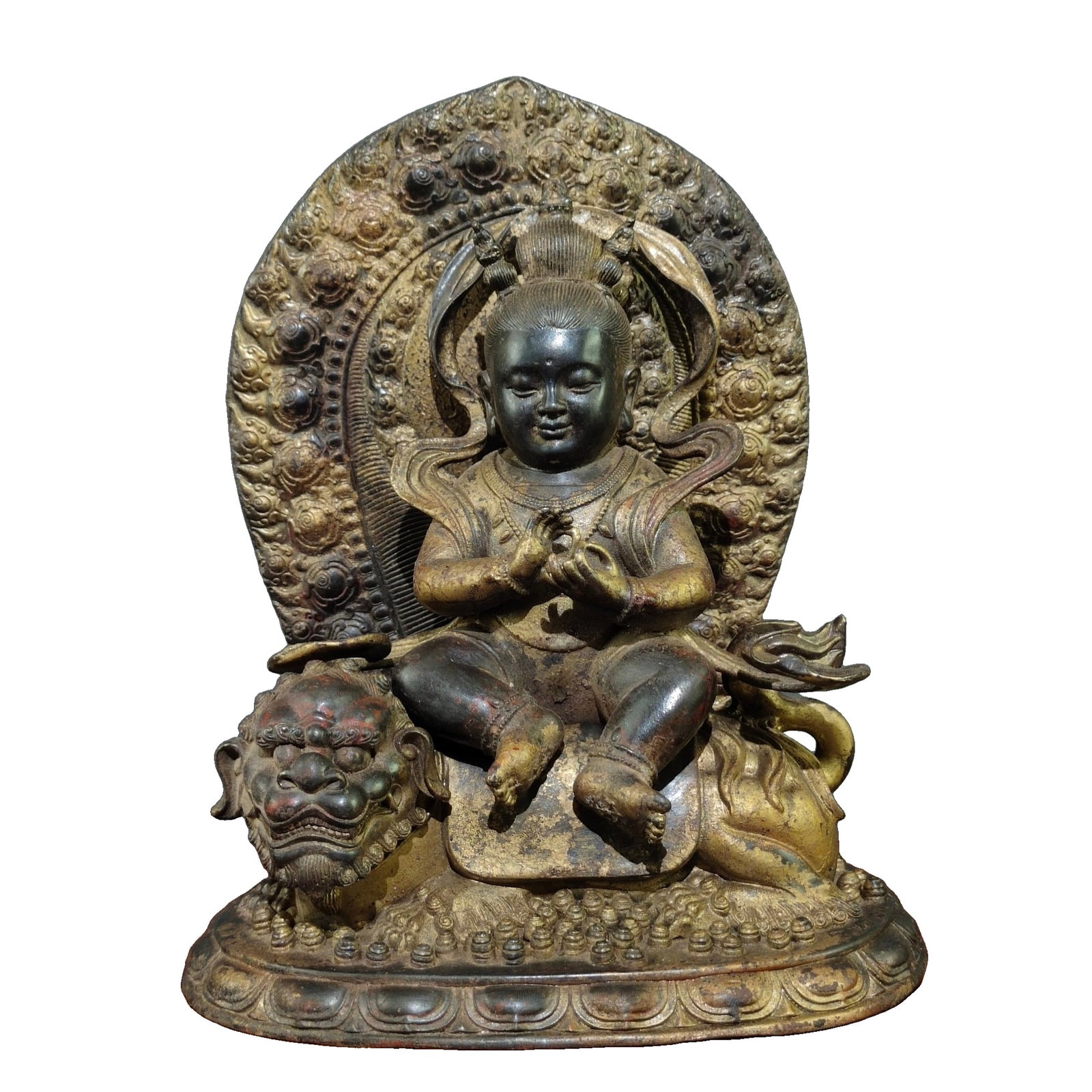 Pure copper mud gold cinnabar Buddha statue Shancai Tongzi · Red Boy: The statue of the Wealthy Child Bodhisattva, also known as the Red Boy, is made of pure copper with gold and cinnabar accents. The figure is well-proportioned, with a thick and heavy copper body, exud