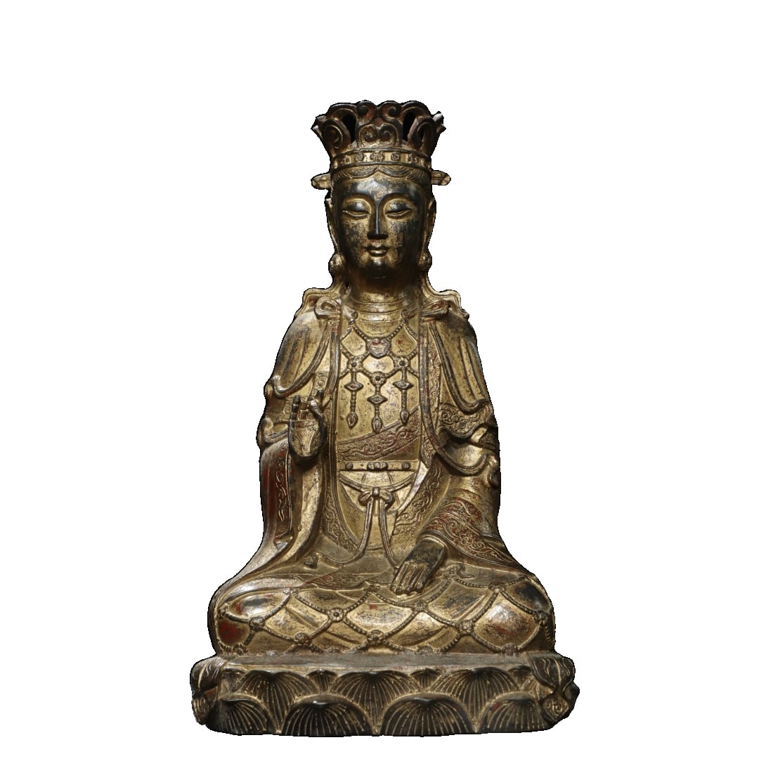Copper mud Guanyin Buddha statue sculpture: Copper Mud Gold Guanyin Buddha Statue Dimensions: 23 cm in height, 14 cm in width, 9 cm in thickness, weighing 1.02 kilograms.