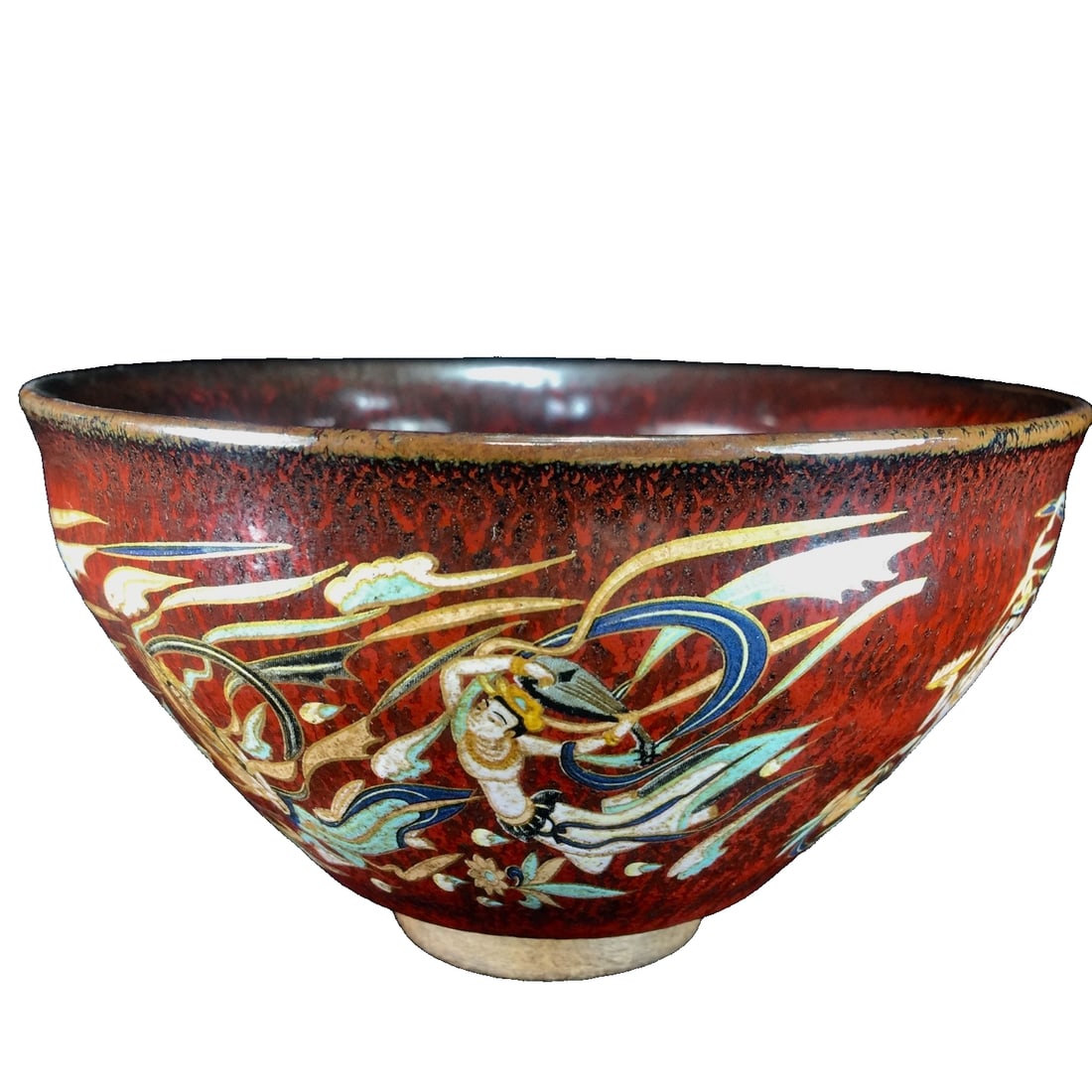 Song Jian kiln painted Jianzhan: This Song Dynasty Jian kiln painted tea bowl measures 13.5×8 cm, with a natural thick glaze covering the entire body, exuding a strong sense of antiquity. The vessel features smooth lines, an open mo