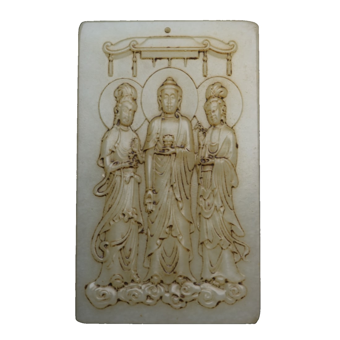 Hetian jade Western Trinity pendant: Hetian Jade Western Trinity Pendant Specifications: 8.3×5.0×0.8 cm, weight 87 grams.