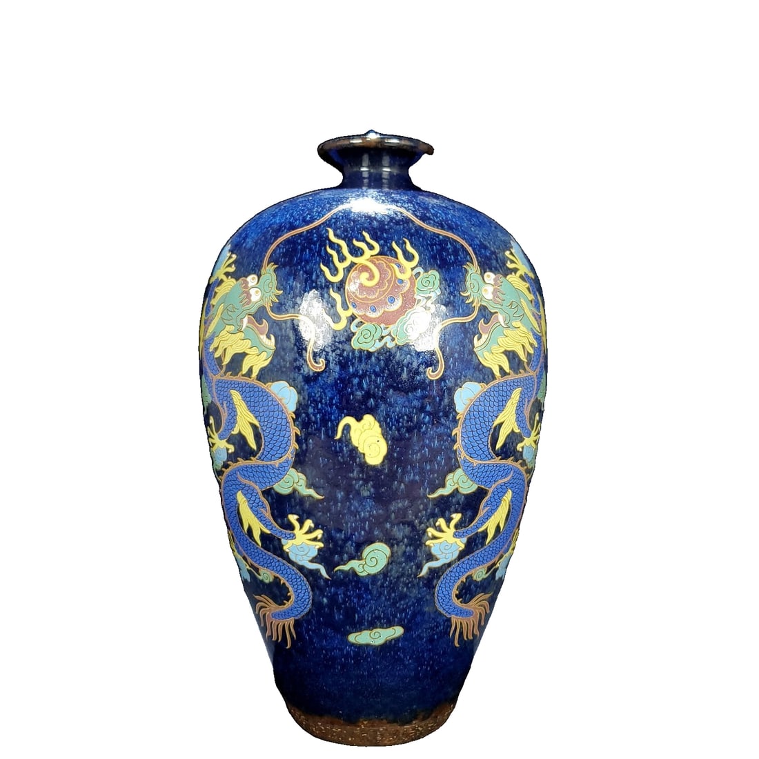 Song Jian kiln "for imperial use" marked flambe glazed meiping vase with added colored double: This Song Dynasty Meiping vase from the Jian kiln features a "for imperial use" mark, with a design of two dragons playing with a pearl amidst plum blossom patterns in underglaze red and overglaze