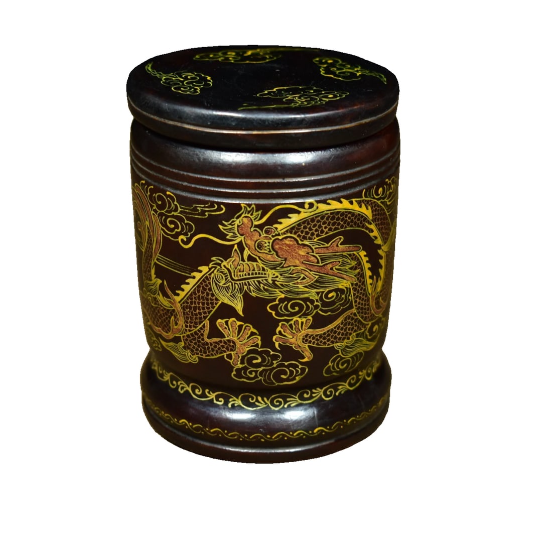Hand-painted gold dragon lacquer tea caddy made of old bamboo, traditional craftsmanship.: Hand-painted double dragon lacquer tea caddy with gold leaf on old bamboo, measuring 10.8x8 cm, weighing 151 grams.