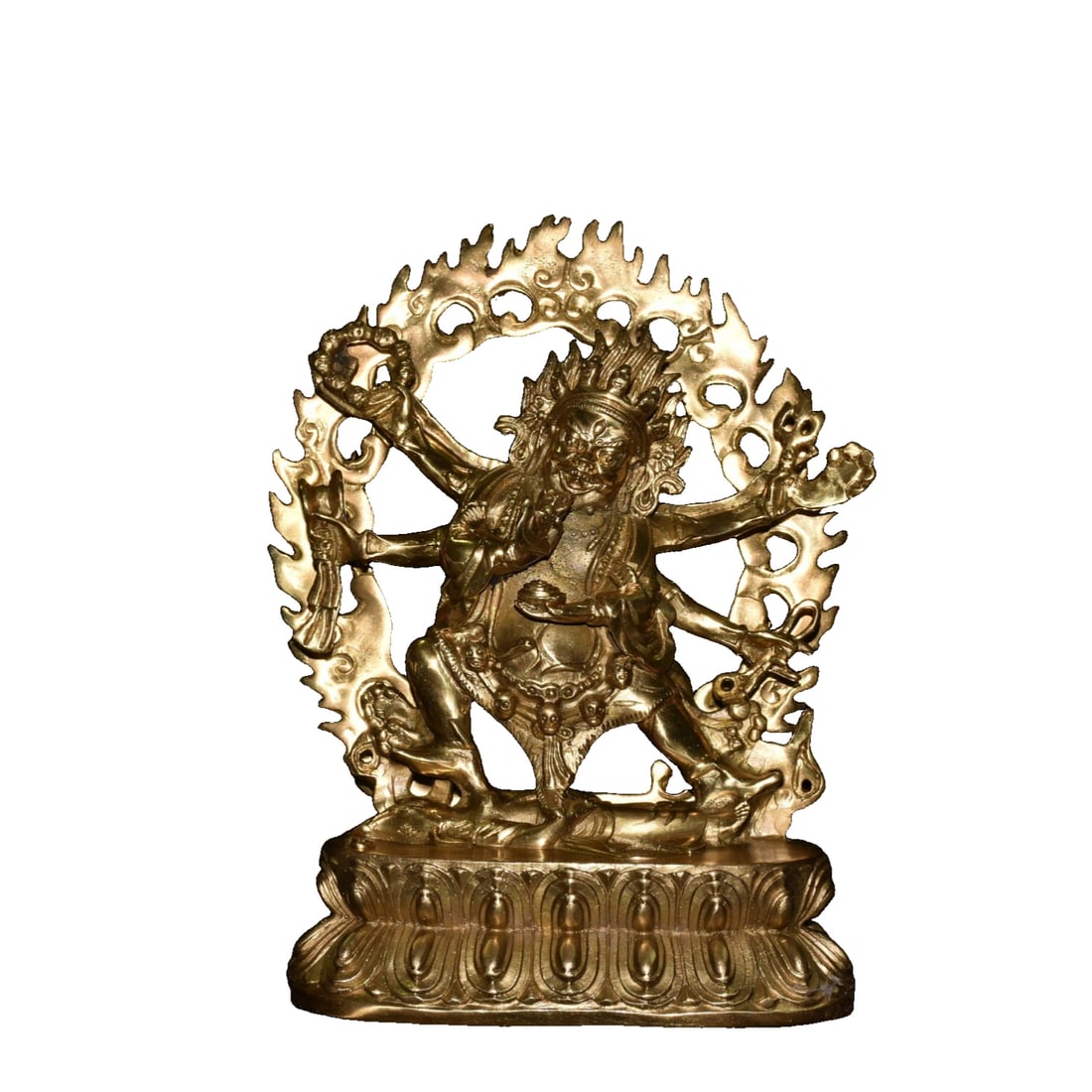 Copper-plated gold six-armed Mahakala backlit Buddha, large black sky Buddha: Pure copper gold-plated six-armed Mahakala backlit Buddha, large Black Heaven Buddha. Width 15 cm, thickness 8 cm, height 21 cm, weight around 1135 grams.