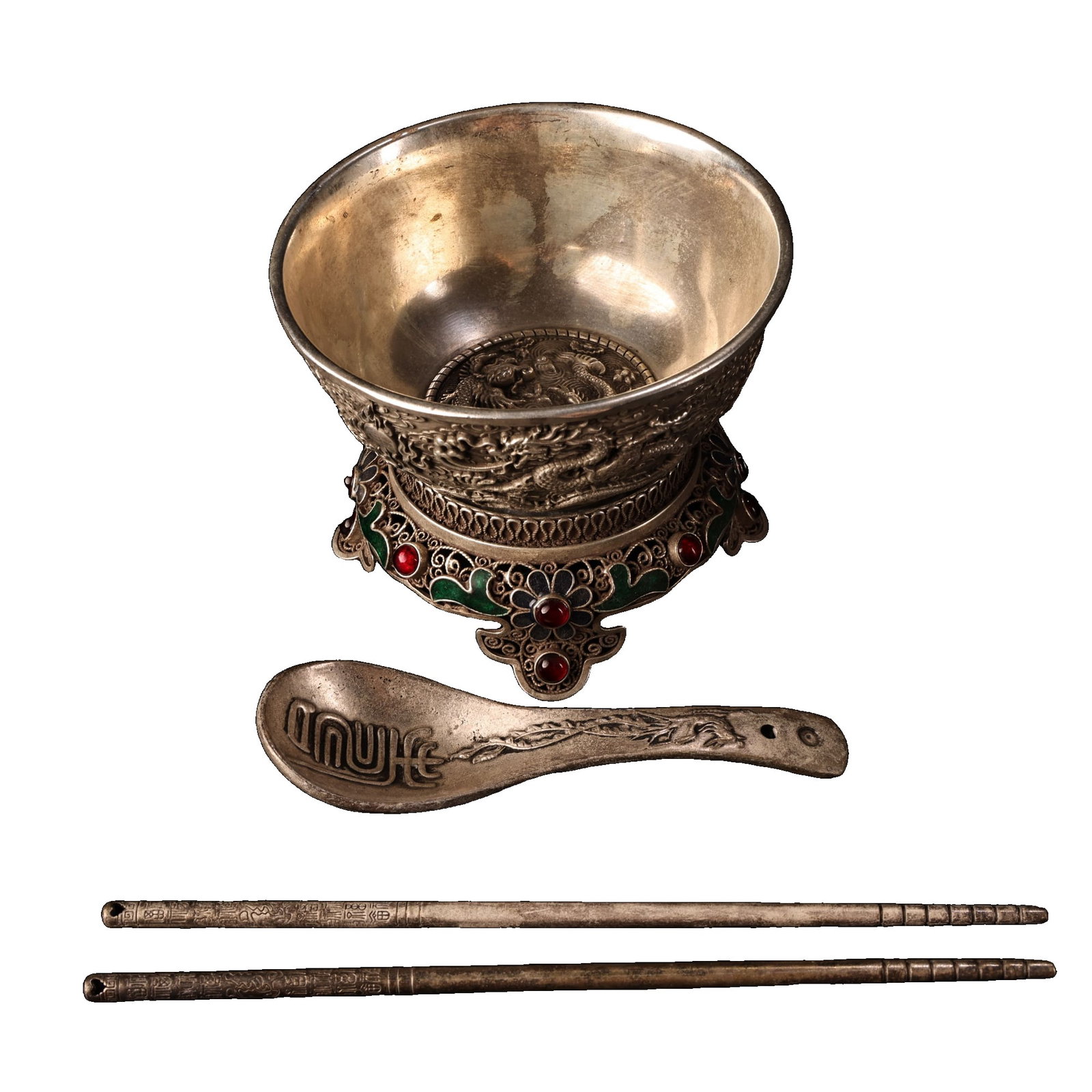 Old Tibetan high relief carved flower silk craft silver-plated tableware set (1 of 10)