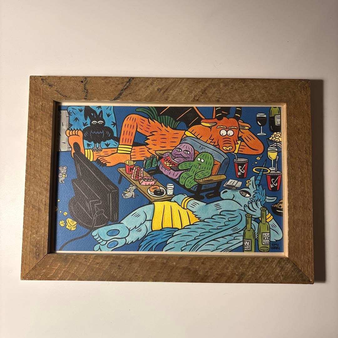 Ozaki Emi, Contemporary Art Illustration: This is an illustration by the illustrator Emi Ozaki, mounted in a frame made of wood. I purchased the illustration inside from Vinyl Tokyo. The frame was crafted by a local furniture artisan. The