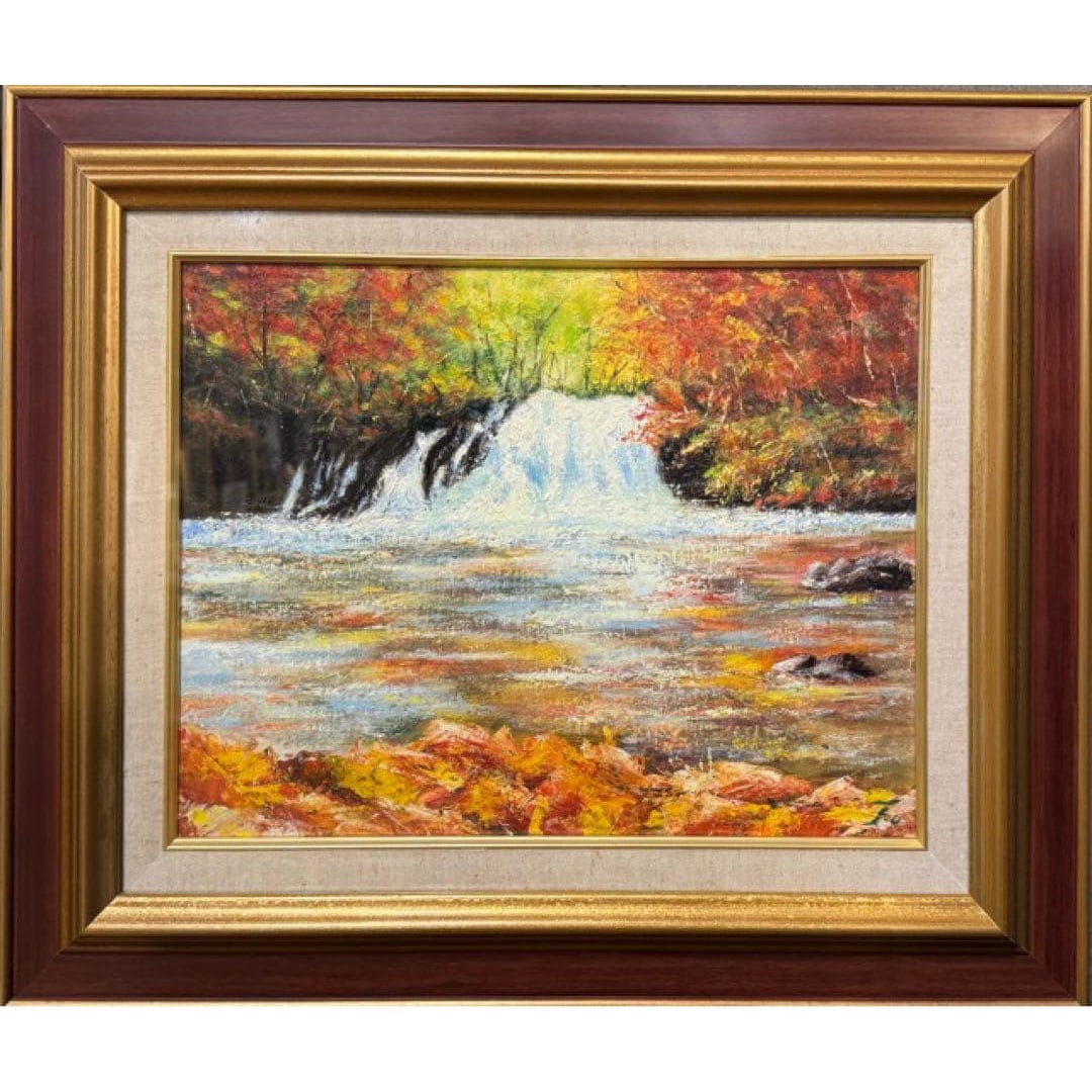 Oil painting of an autumn waterfall scene, with a gilt frame. (1 of 2)