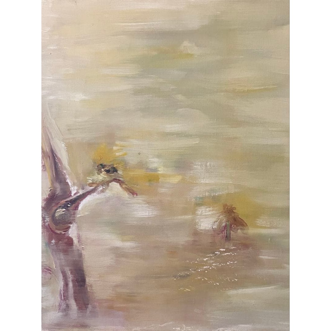 Abstract Painting "A Little Bird and a Rice Seedling Perched on an Old Tree": A fluid abstract oil painting rendered in soft beige and yellow tones. Title of the Work Abstract Painting "A Little Bird and a Rice Seedling Perched on an Old Tree" Concept of the Painting Warabocchi
