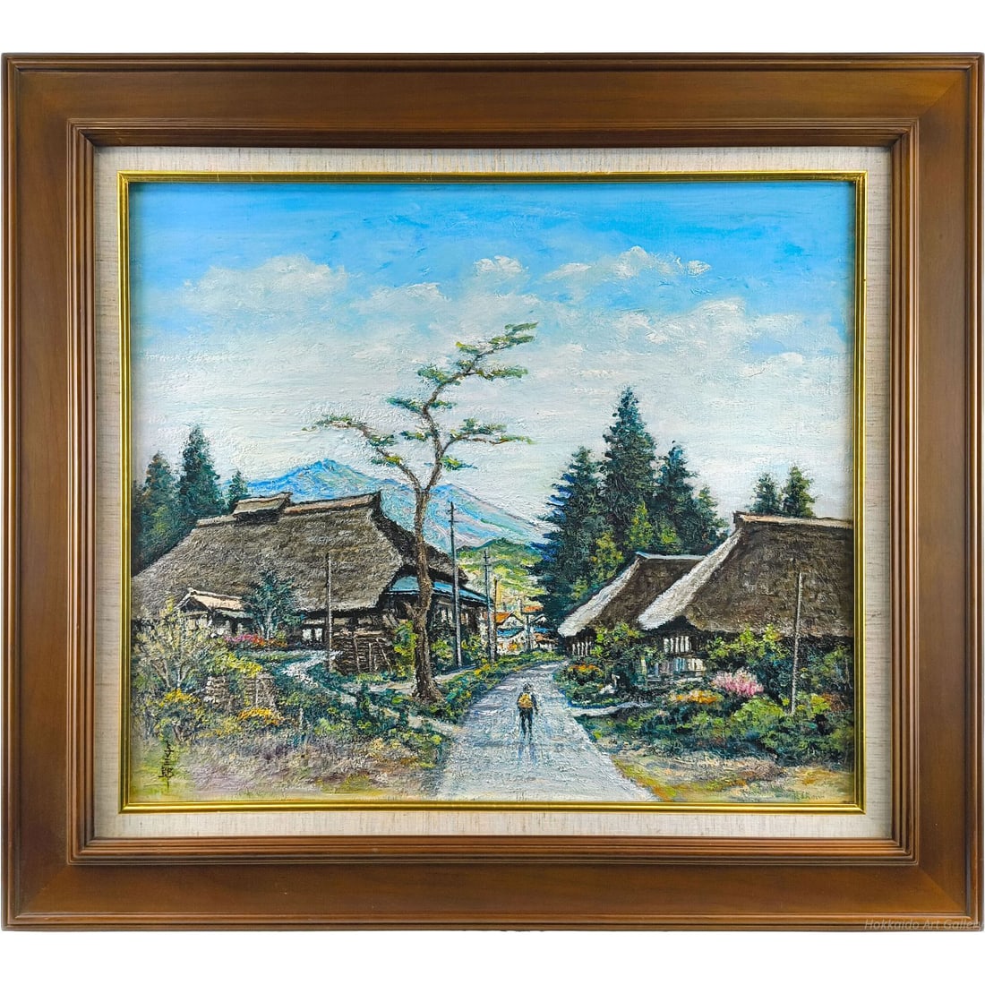 Hayashi Yosaburo, "SOshun no Ishimushiro," oil painting.: The depiction of the thatched cottage, distant mountains, and sky in the painting is impressive. The brushwork is profound, reflecting the artist's experiences abroad. The tranquil scenery of Ishizume