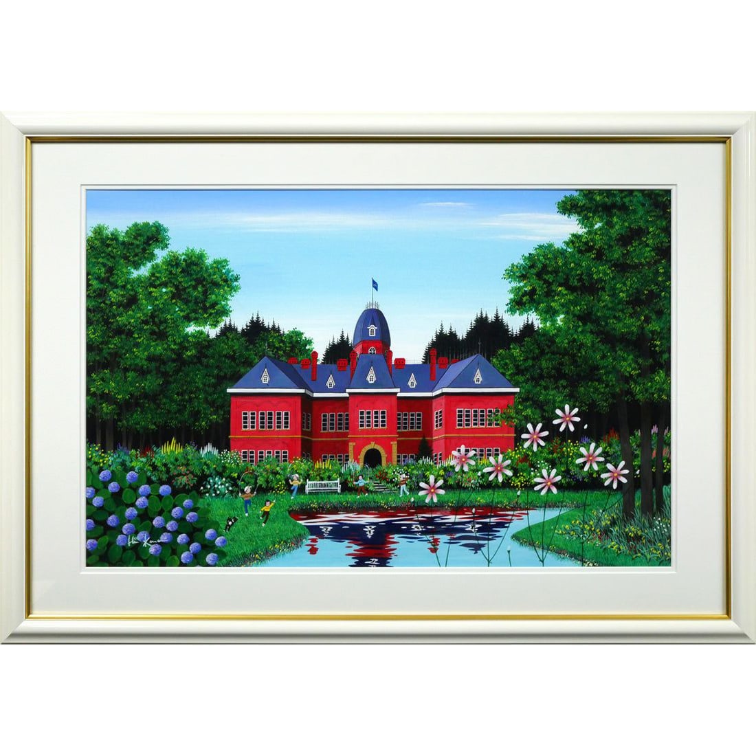 Kanai Hideaki "Ohana ga Ippai Aka Renga" (Full of Flowers Red Brick), a unique acrylic painting,: Artist: Kanai Hideaki Title: "Flowers Abound on Red Brick" Technique: Unique Hand-Painted Acrylic Artwork Dimensions: Size 15 (Height 43 cm x Width 66.5 cm) Frame Dimensions: 61.5 cm (Height) x 86.5 c