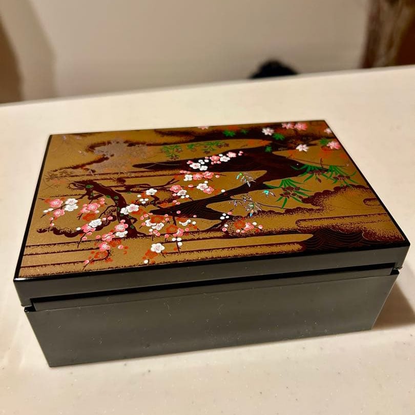 Wajima Lacquer Document Box, with Mirror, Cherry Blossom Pattern, Blue Interior (1 of 4)
